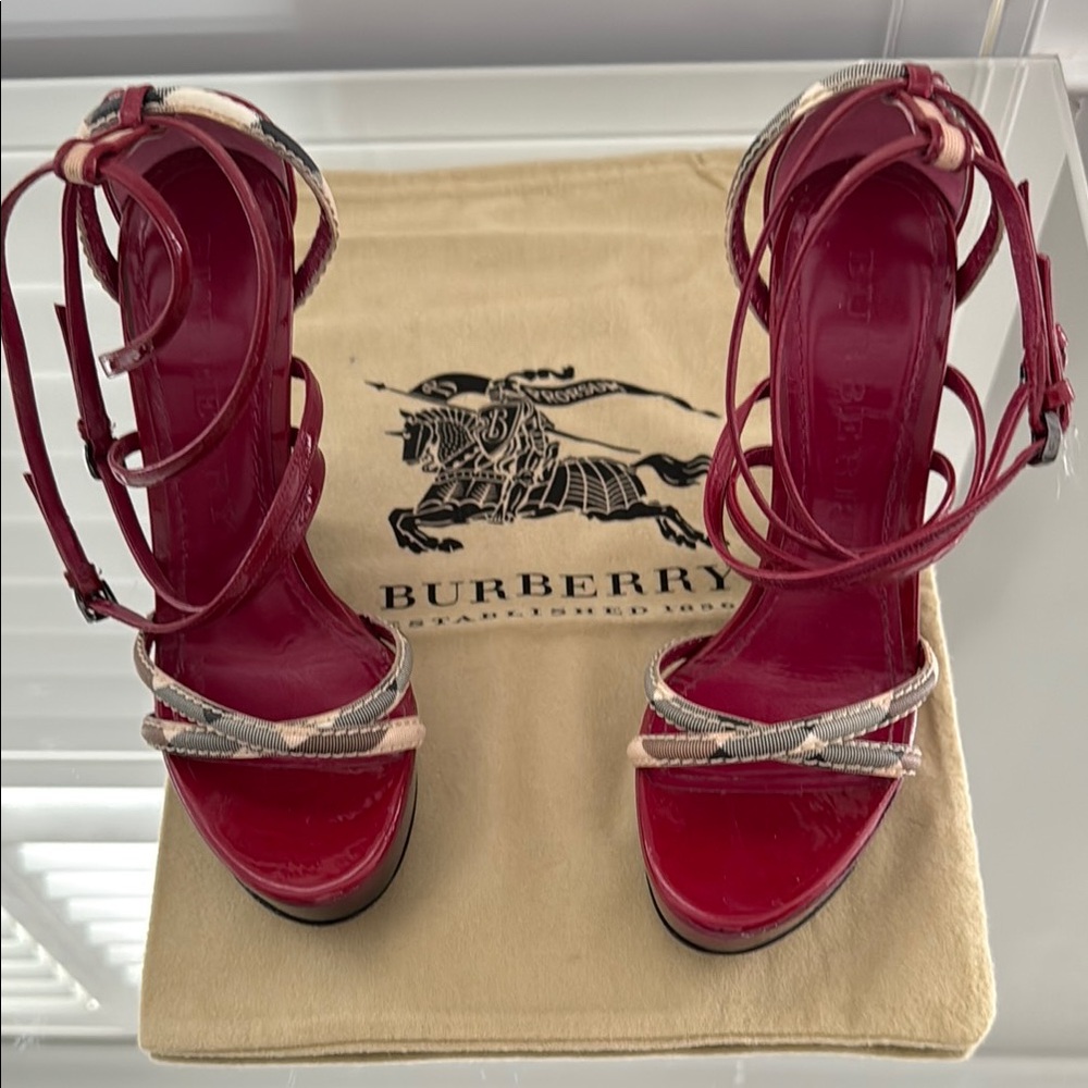 Burberry Burgundy and Beige Strappy Heels